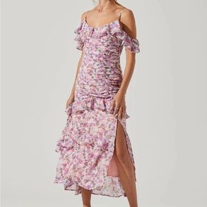 Daisy Dell Floral Ruffle Cold Shoulder Midi Dress - MULTI PINK FLORAL / L